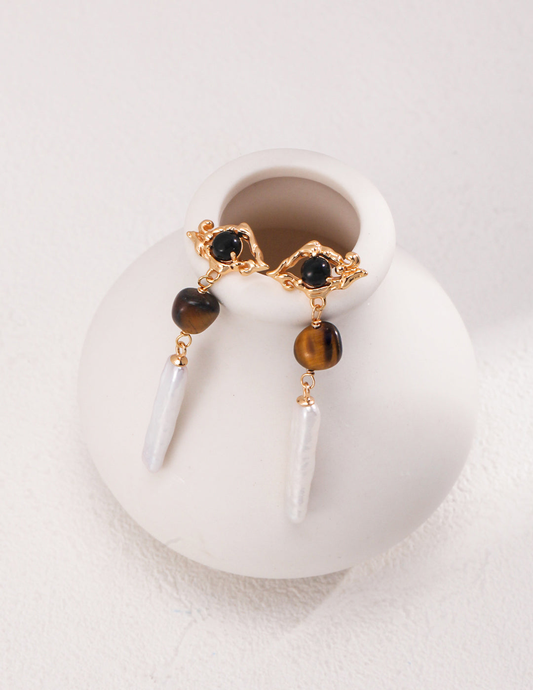 S925 Tiger's Eye Stone and Long Pearl Drop Earrings