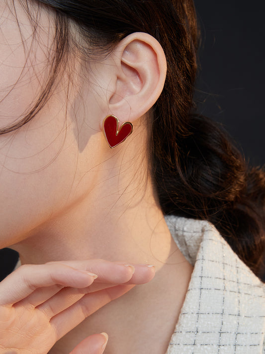 S925 Red Dripping Glaze Heart Earrings