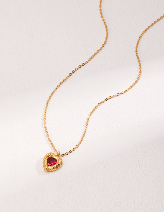 S925 Red Corundum/White Zircon Heart Pendant Necklace