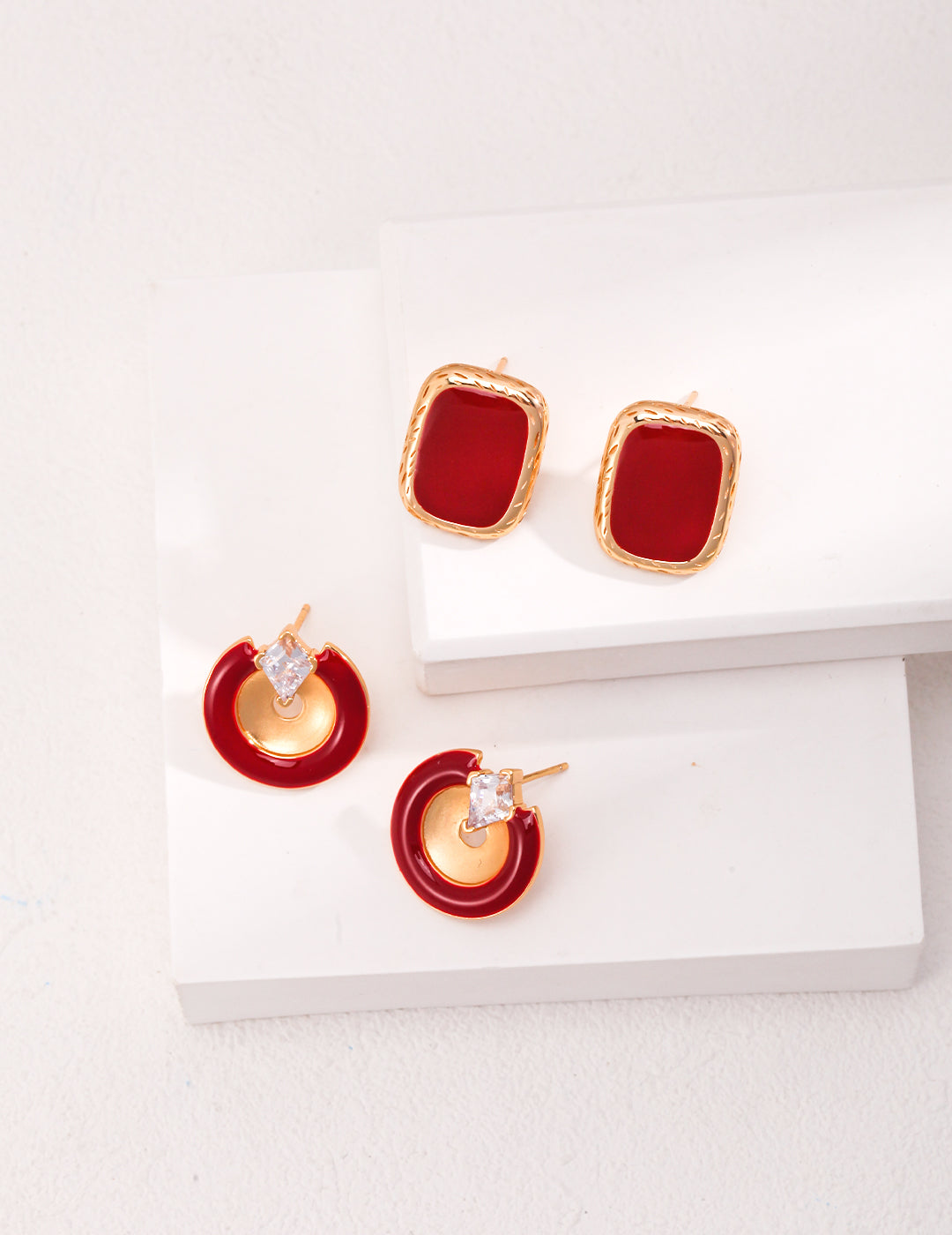 S925 Red Dripping Glaze Button Earrings