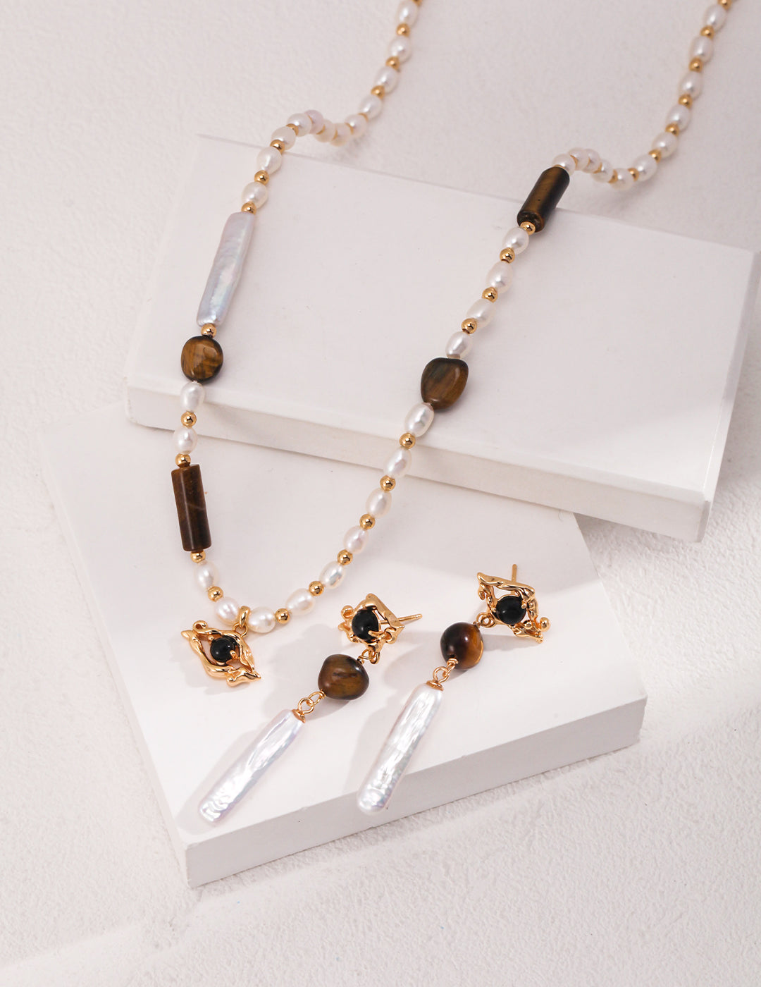 S925 Tiger's Eye Stone and Long Pearl Drop Earrings