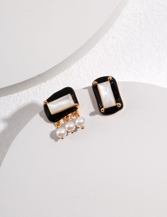 S925 Black Dripping Glaze Asymmetric Design Earrings