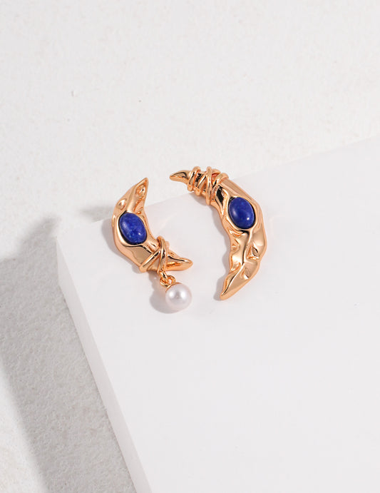 S925 Lapis Lazuli/Pearl Earrings Crescent Series