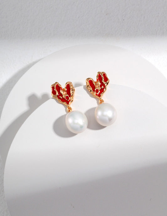S925 Red Dripping Glaze Heart Baroque Pearl Earrings