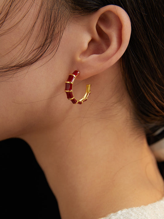 S925 Red Dripping Glaze Circular Hoop Earrings