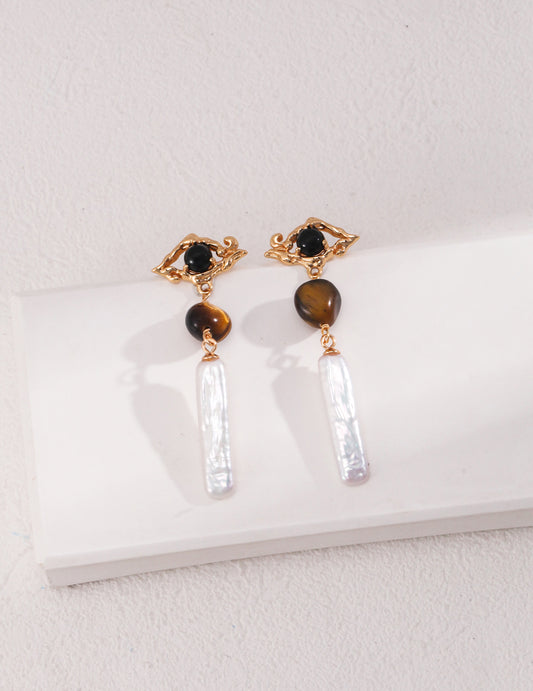 S925 Tiger's Eye Stone and Long Pearl Drop Earrings
