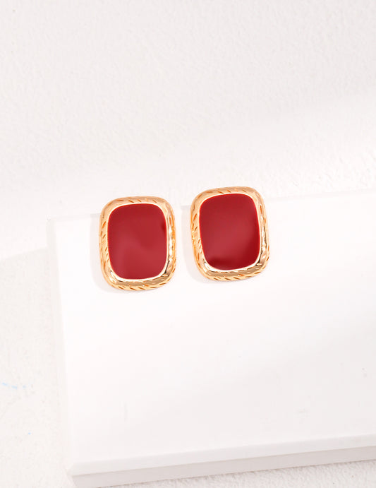S925 Red Dripping Glaze Button Earrings