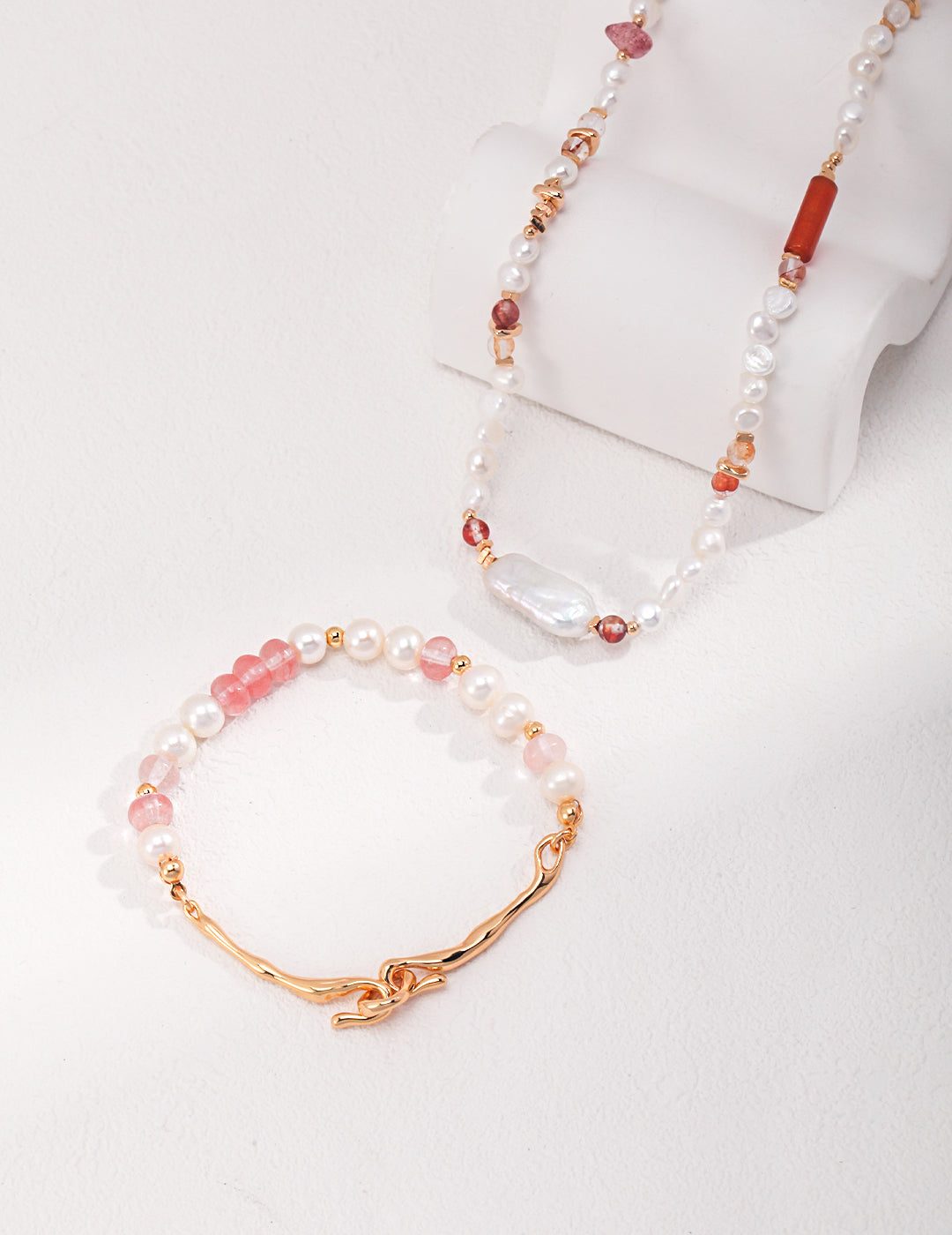 S925 Strawberry Quartz Pearl Necklace